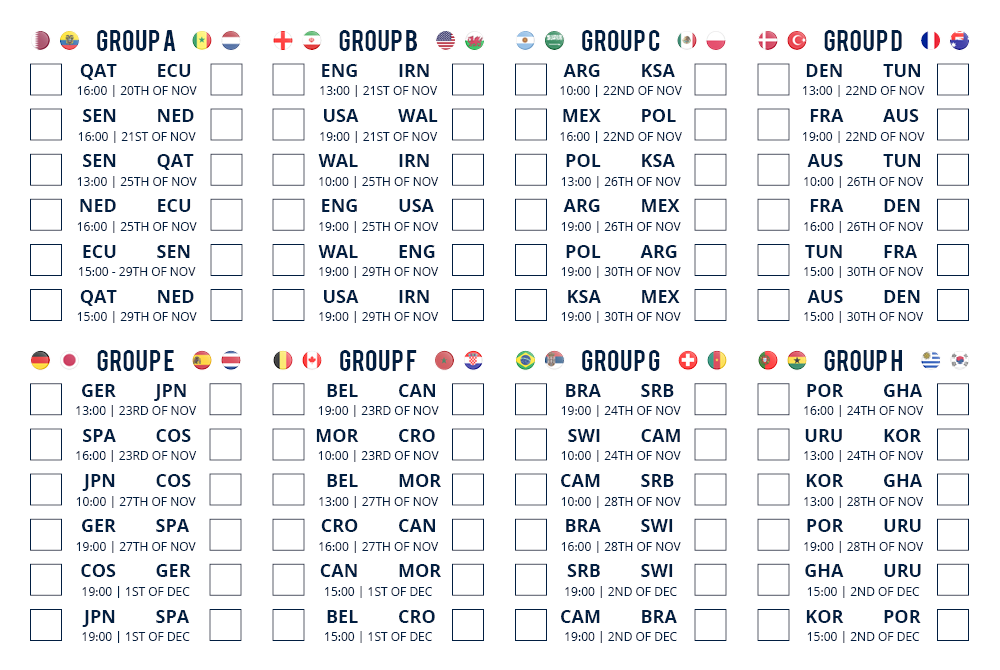 World Cup 2022 Group Stage Fixtures